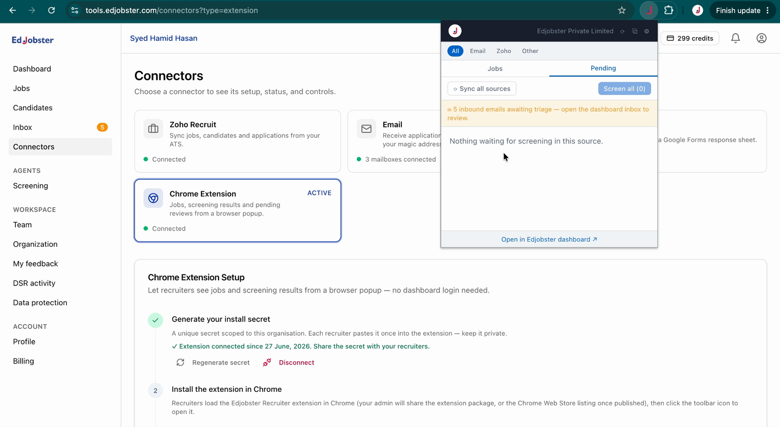 The extension popup showing jobs and applicants by band