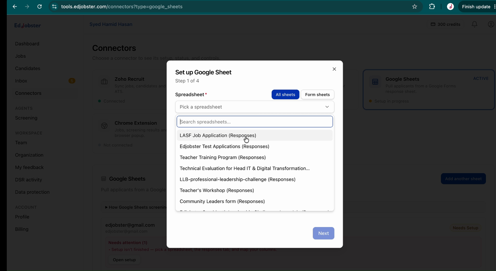 Selecting the spreadsheet and responses tab