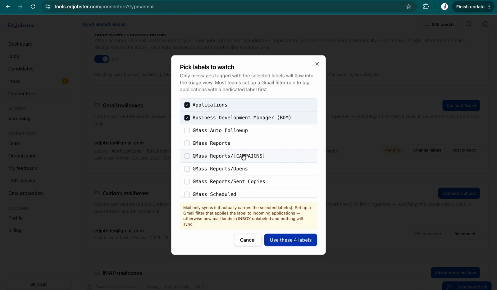 Choosing the watched folder or label