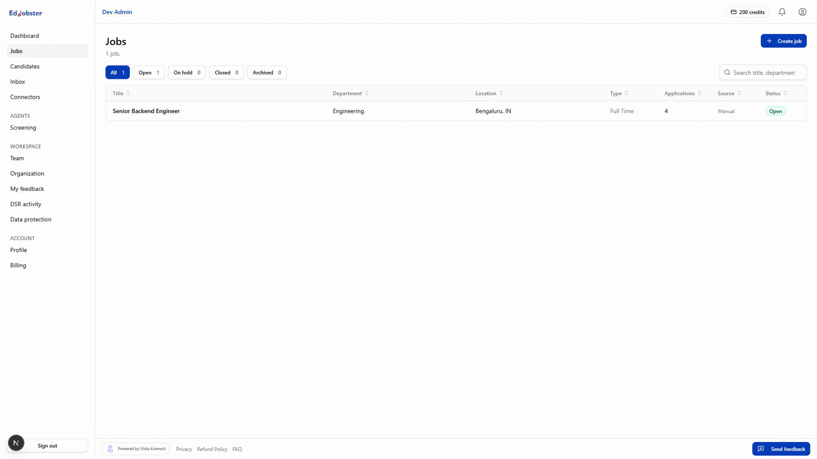 Selecting a job from the Jobs list